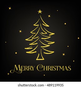 Golden Christmas tree vector illustration. Creative hand drawn gold xmas card.