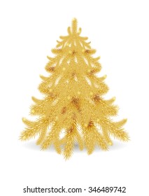 Golden Christmas tree without decor isolated on white background. Perfect for greeting cards, holiday design.