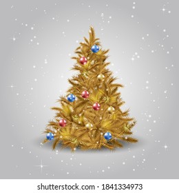 Golden Christmas tree with Xmas star, balls and lights. Gold colored christmas tree.