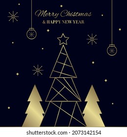 Golden christmas trees with christmas balls and golden stars. Merry Christmas and happy new year. Holidays greeting card.