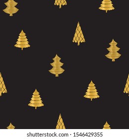 Golden christmas trees on black background. Seamless repeat pattern. Perfect for wrapping paper design, background and noble, classy winter holiday decoration. Vector illustration.