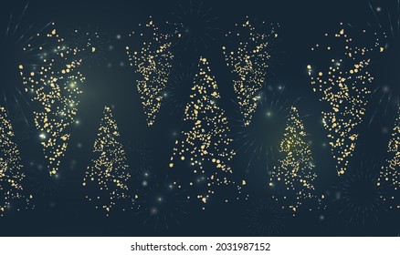 Golden Christmas trees Seamless pattern. Winter happy New Year background. Stylized shiny fir tree magical holiday decor. Vector illustration isolated on dark blue. Creative New Year's design.