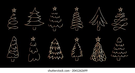 Golden Christmas trees set. Vector illustration
