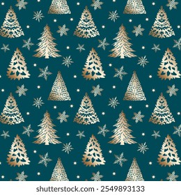 Árvores de Natal douradas e flocos de neve. Padrão sem costura vetor com árvores de Natal douradas e flocos de neve em um fundo azul.