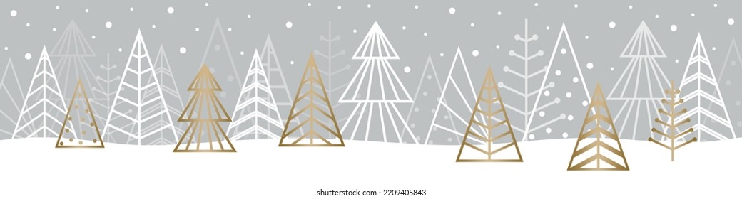 Golden Christmas trees. Winter landscape. Banner. Vector illustration