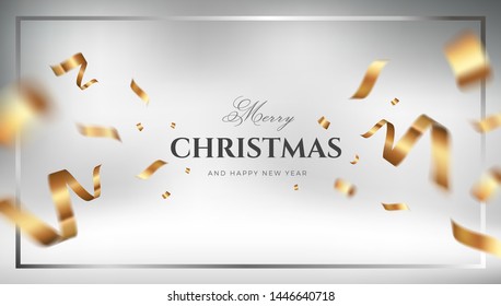 Golden Christmas vector background design with flying gold confetti. Elegant festive decoration gift card or web banner template