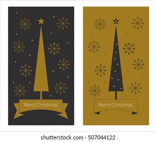 Golden Christmas vector card with Christmas tree and geometric snowflakes. Ribbon with words merry Christmas. Elegant simply festive design. Christmas template, card, flyer, invitation card
