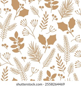 golden christmas, winter seamless pattern with floral elements - vector illustration
