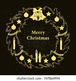 Golden Christmas wreath with fir branches, festive balls, stars, garlands, bells and bow, lighted candles on dark background. Flat style greeting card, banner, poster, background, invitation.