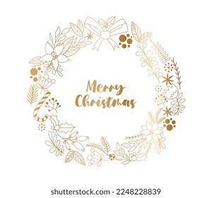 Golden Christmas wreath. New Year and winter holidays. Design for invitation and greeting postcards. Luxury and wealth, silhouettes. Poster or banner for website. Cartoon flat vector illustration