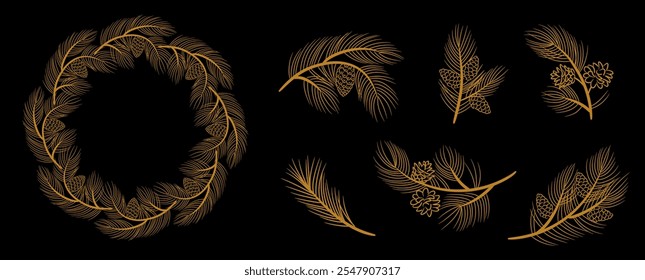 Golden Christmas wreath and pine branches with cones. Set of vector elements in sketch style for the design of holiday cards, patterns, banners.
