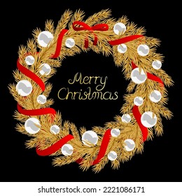 Golden Christmas wreath with red ribbons and silver bubbles. Vector illustration.