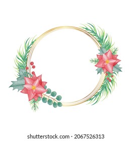 Golden Christmas wreath with watercolor poinsettia flower on white background 