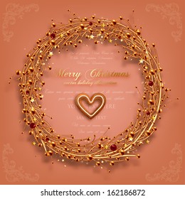 Golden Christmas Wreath with Xmas Cookies, Stars and Holly Berries for Christmas Decorations. Corner Ornaments. Vector. 