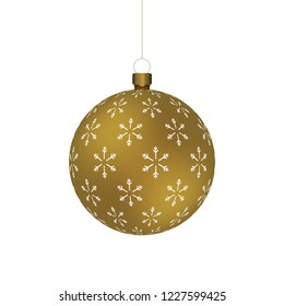 Golden Christmass ball with snowflakes print hanging on a golden chain