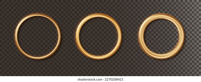 Golden chrome luxury realistic framework. Set of expensive realistic round frames in gold color of different thicknesses isolated on dark background