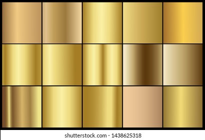 Golden chrome metallic texture vector icon set. Shiny golden brushed vector metallic gradient background for banner, ribbon, label, medal, button, money. Golden abstract background gradient template