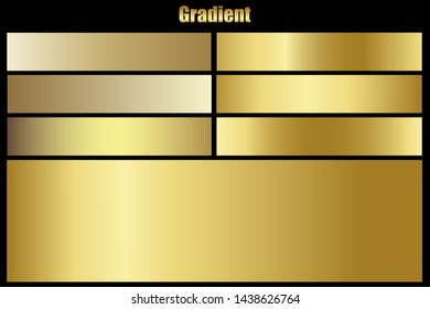 Juego de iconos de vectores de textura metálica cromada dorada. Luminoso fondo de gradiente metálico de vector dorado para banner, cinta, etiqueta, medalla, botón, dinero. Plantilla de degradado de fondo abstracto dorado