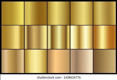 Golden chrome metallic texture vector icon set. Shiny golden brushed vector metallic gradient background for banner, ribbon, label, medal, button, money. Golden abstract background gradient template