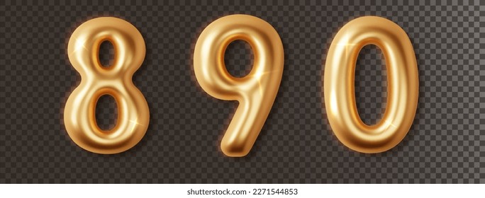 Los números de cromo dorado establecen 3d realistas. Color dorado metálico brillante fuente número 8, 9, 0. Decoración para el diseño de pancartas, portadas, cumpleaños o fiesta de aniversario