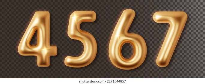 Los números de cromo dorado establecen 3d realistas. Luminosa fuente de metal dorado número 4, 5, 6, 7. Decoración para el diseño de pancartas, portada, cumpleaños o fiesta de aniversario