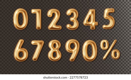 Golden chrome numbers set isolated on dark transparent background. Metallic golden numbers with glow and shadow. 3d design for anniversary, birthday, holiday card, sale banner