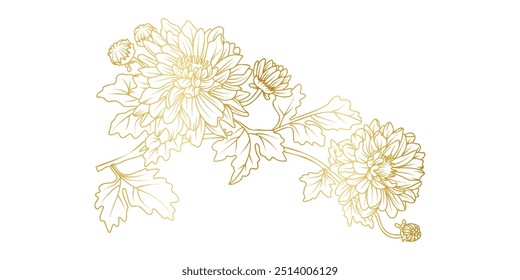 Flores doradas del crisantemo arte de la línea aislado en el fondo blanco. Elementos de diseño florales de lujo del crisantemo para la invitación, boda, Fondo de pantalla, Plantilla de la impresión, Ilustración vectorial