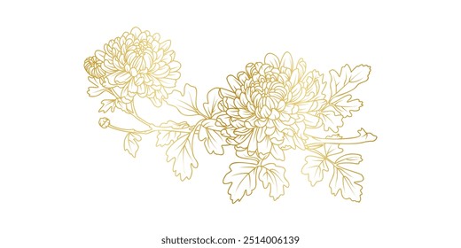 Chrysanthemum dourado flores linha arte isolado no fundo branco. Luxo Chrysanthemum elementos de design floral para convite, casamento, papel de parede, modelo de impressão, ilustração vetorial