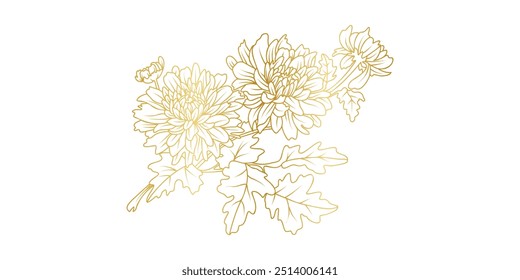 Chrysanthemum dourado flores linha arte isolado no fundo branco. Luxo Chrysanthemum elementos de design floral para convite, casamento, papel de parede, modelo de impressão, ilustração vetorial