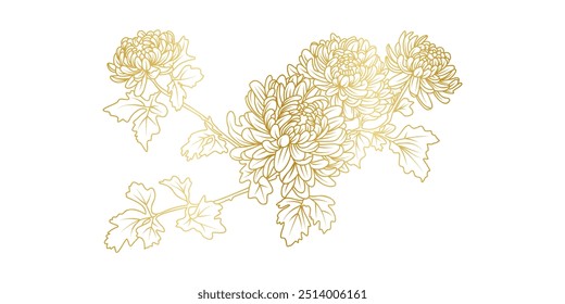 Chrysanthemum dourado flores linha arte isolado no fundo branco. Luxo Chrysanthemum elementos de design floral para convite, casamento, papel de parede, modelo de impressão, ilustração vetorial