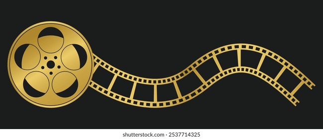 Golden cinema film reel icon. Old retro reel with film strip. Vector illustration