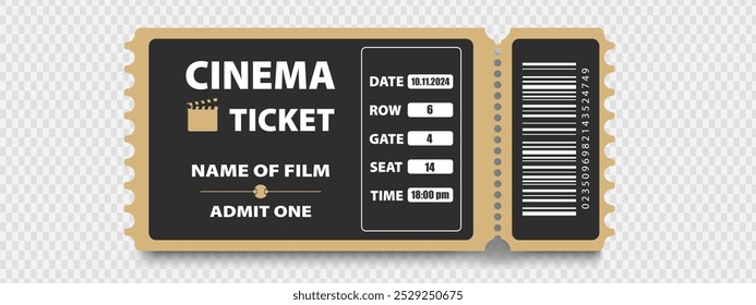 Golden cinema ticket with barcode. Stylish cinema ticket. Admit one coupon. Evening film	
