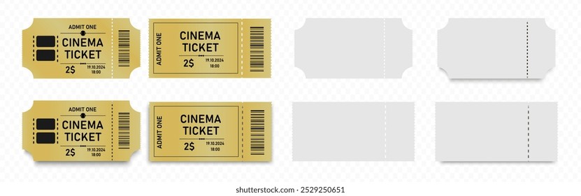 Golden cinema ticket with barcode. White empty cinema ticket. Admit one coupon	
