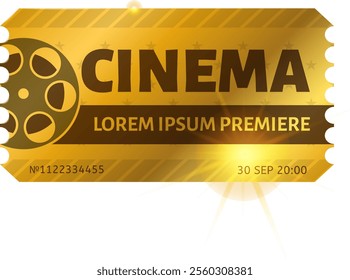 Golden cinema ticket for a movie premiere showing date, time, number and a film reel icon, representing entertainment and access to exclusive events