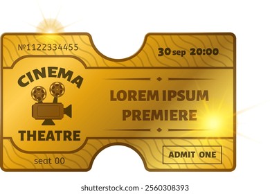 Golden cinema ticket for a movie premiere showing date, time, seat and number, with a vintage video camera and light flares on a white background