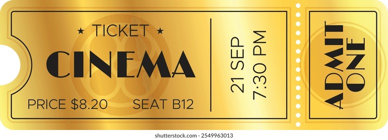 Golden cinema ticket for a movie screening on september 21st at 7,30 pm, seat b12, price 8.20, featuring a vintage design with admit one and film reel icon