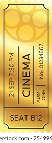 Bilhete de cinema dourado que representa entretenimento, filmes e a emoção de assistir filmes na tela grande, oferecendo acesso a uma viagem cinematográfica cativante