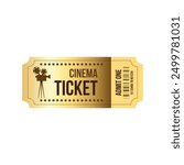 Golden cinema ticket template with brown old film projector. Admit one retro ticket. Ticket Admission Entry Event Design	