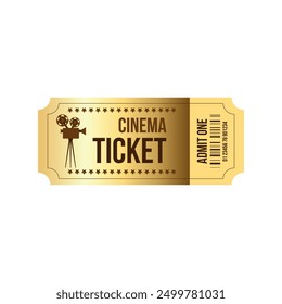 Plantilla de boletos de cine dorado con proyector de película antigua marrón. Admite un boleto retro. Diseño de Eventos de Entrada de Entradas	