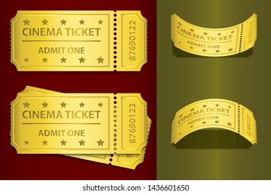 Golden cinema tickets in flat view and in two different curved angles in vector illustration