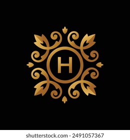 Golden circle Badge Calligraphic ornament  with initial capital Letter H . Ornamental luxury golden  design vector illustration