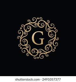 Golden circle Badge Calligraphic ornament with initial capital Letter G . Ornamental luxury golden design vector illustration