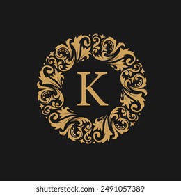 Golden circle Badge Calligraphic ornament with initial capital Letter K . Ornamental luxury golden design vector illustration