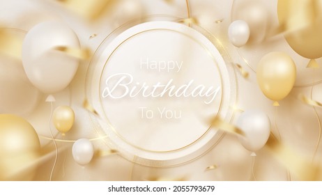 Golden circle with balloons and ribbon elements, Luxury birthday greeting card background.