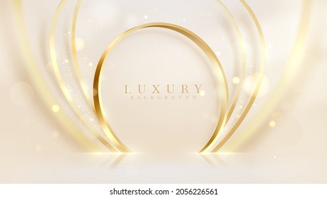 Golden circle with blurred curve line and bokeh arounds elements, Luxury cream color backdrop, Realistic 3d design.