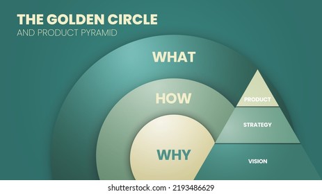 The Golden Circle and brain illustration of Simon Sinek and Product Pyramid are 3 elements starting with a Why, How and Why question. Vision Strategy and products concept. Diagram vector presentation.