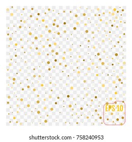Golden Circle Confetti Falling On Transparent Background. Round. Dot. Polka. Vector