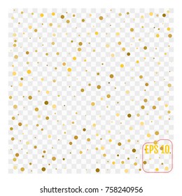 Golden Circle Confetti Falling On Transparent Background. Round. Dot. Polka. Vector