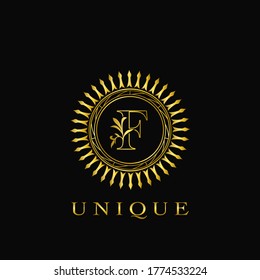 Golden Circle Deco F Luxury Floral Letter Logo  Design. Monogram unique emblem  ornate nature floral leaf with initial letter.