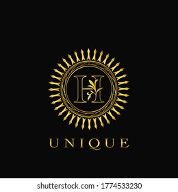 Golden Circle Deco H Luxury Floral Letter Logo  Design. Monogram unique emblem  ornate nature floral leaf with initial letter.